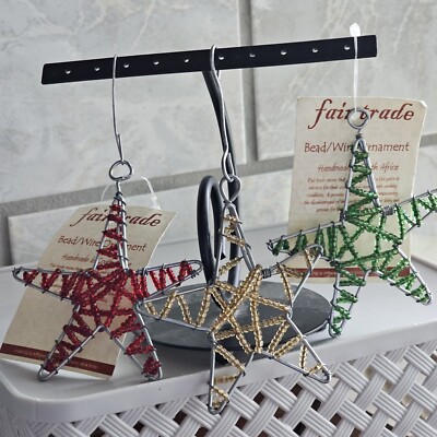 African- Christmas Star Ornaments- Handmade Tin& Wire Beaded- South Africa- NWT