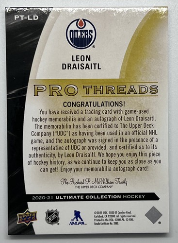2020-2021 Ultimate Collection LEON DRAISAITL Pro Treads Game Used Patch Auto /10 - Picture 2 of 2