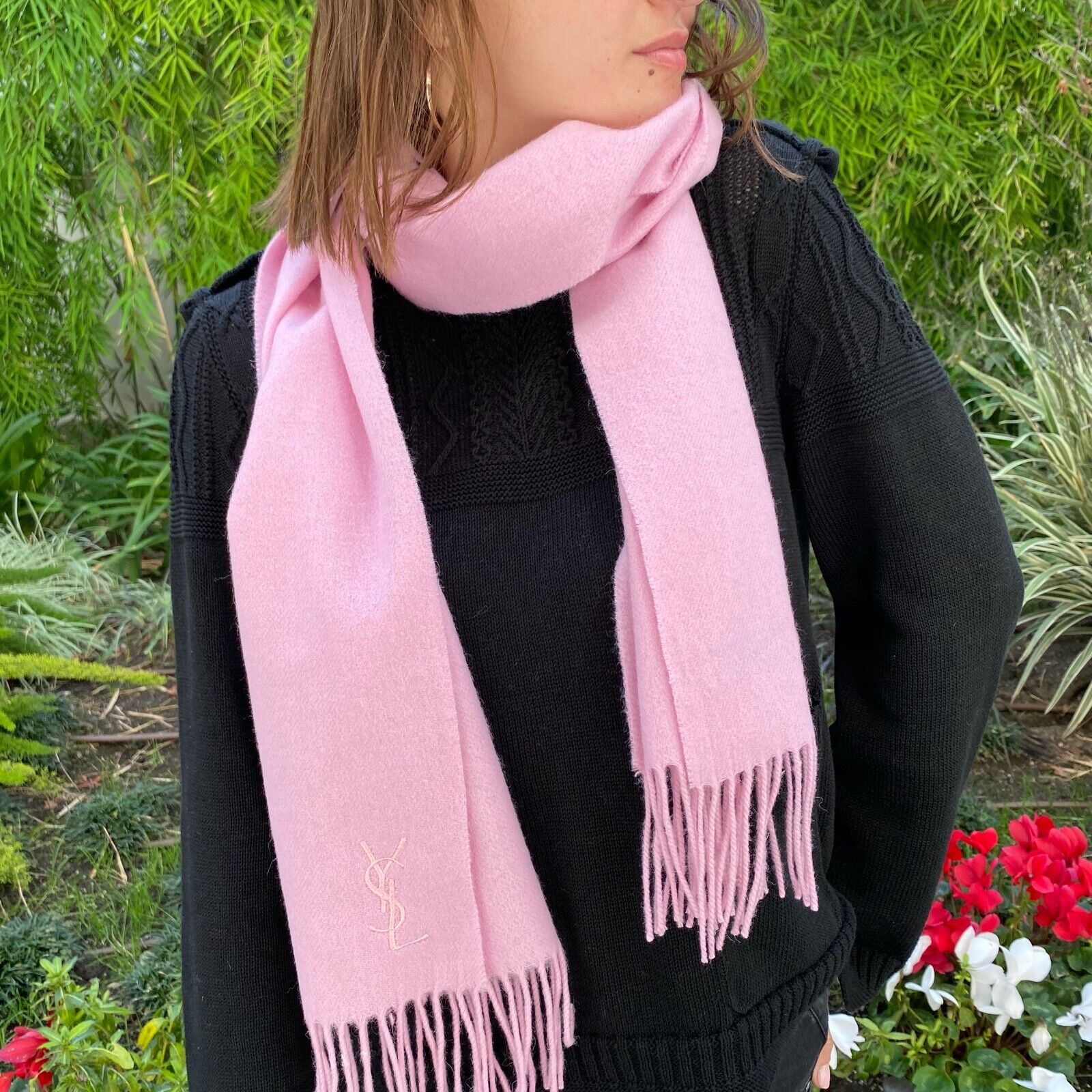 YSL Yves Saint Laurent Light Pink Wool Cashmere Logo Fringe Scarf