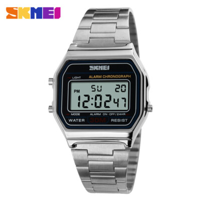 SKMEI Men LED Watch Rectangle Wristwatch Steel Strap Male Digital Alarm Watches