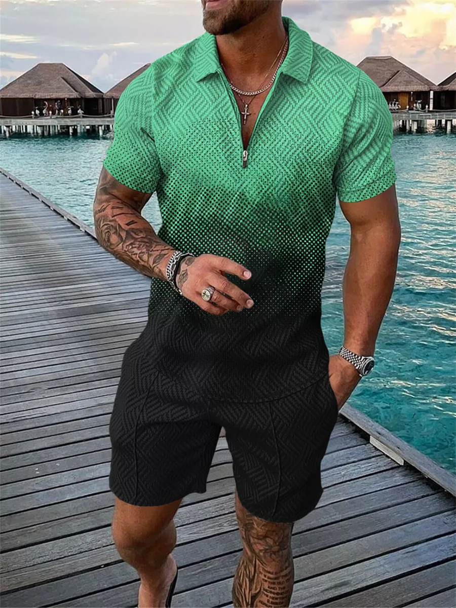 Mens Summer Outfit 2-Piece Set Short Sleeve POLO Shirts and Shorts Set