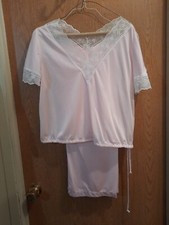 Vintage Sears Pink Lace Trim Pajama Set Nylon Sheer Size Medium 36