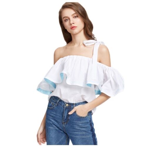 White With Aqua Satin Trim Tie Shoulder Off The Shoulder Blouse Top H9 - Picture 1 of 4