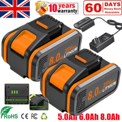 2X 8.0Ah For Worx 20V Li-Ion Battery WA3551 WA3553 WA3553.1 WA3553.2 /UK Charger