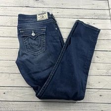True Religion Flap Pocket Skinny Distressed Denim Blue Jeans Men's 34 X 32