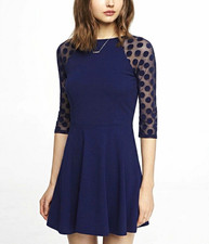 Express S/P Blue Polka Dot Fit & Flare Dress 3/4 Mesh Sleeve Round Neck Zip