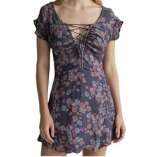 Free People Yours Truly Mini Dress Size 2 Blue Floral Print Lined Lace Up Front