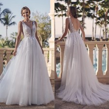 Sparkly Tulle Wedding Dresses Deep V Sleeveless Lace Appliques Slit Bridal Gowns