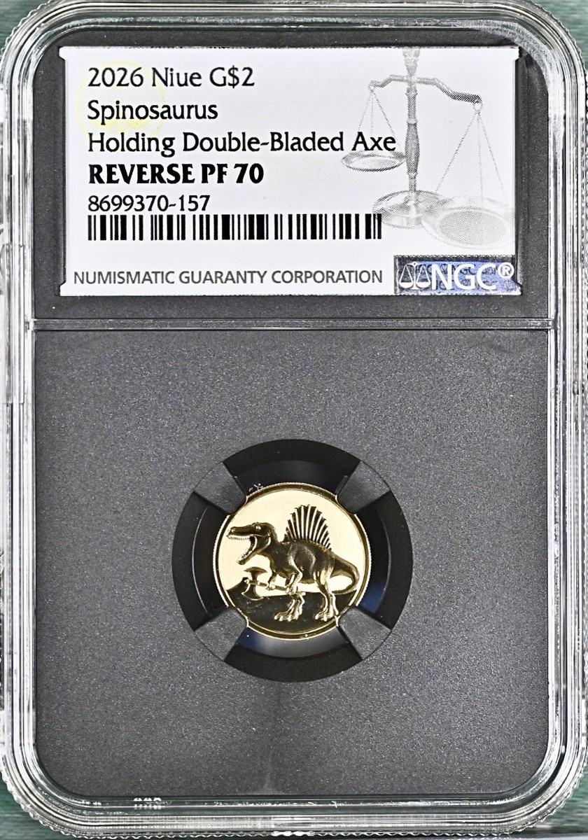 2026 NIUE 2 GRAM GOLD NGC REVERSE PF70 SPINOSAURUS HOLDING DOUBLE