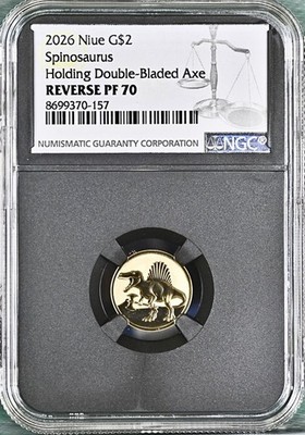 2026 NIUE 2 GRAM GOLD NGC REVERSE PF70 SPINOSAURUS HOLDING DOUBLE