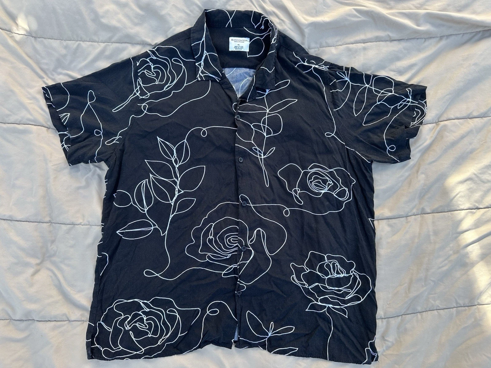 Distortion Mens XL Black Floral Button Up Shirt Viscose Oversized Y2K Camp