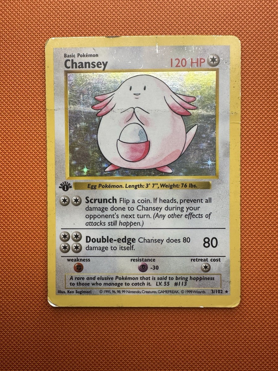 chansey pokemon card first edition Pokémon Card TCG 1st Edition Chansey Base Set 3/102 Shadowless Vintage 1999  WOTC