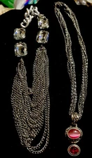 2 Multi-Strand Layer Chains Necklace Rhinestones & Faux Gems 14", 18"