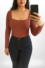 Old Navy Ribbed Bodysuit XL NWT Long Sleeve Square Neck Rust Brown One Piece