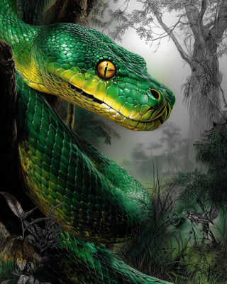8x10 Green Tree Snake coiled with head raised - misty woodland - 466702857