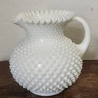 Vintage Fenton Hobnail Milk Glass Large Handled Pitcher Crimped Rim 8”