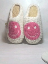 NEW Smiley Face Slippers Womens Size 5/6 White Pink Soft Slip On Cozy