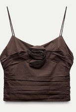 ZARA Brown Strapless Rosette Crop Top Women  s Size L Ruched Corset Style NWT