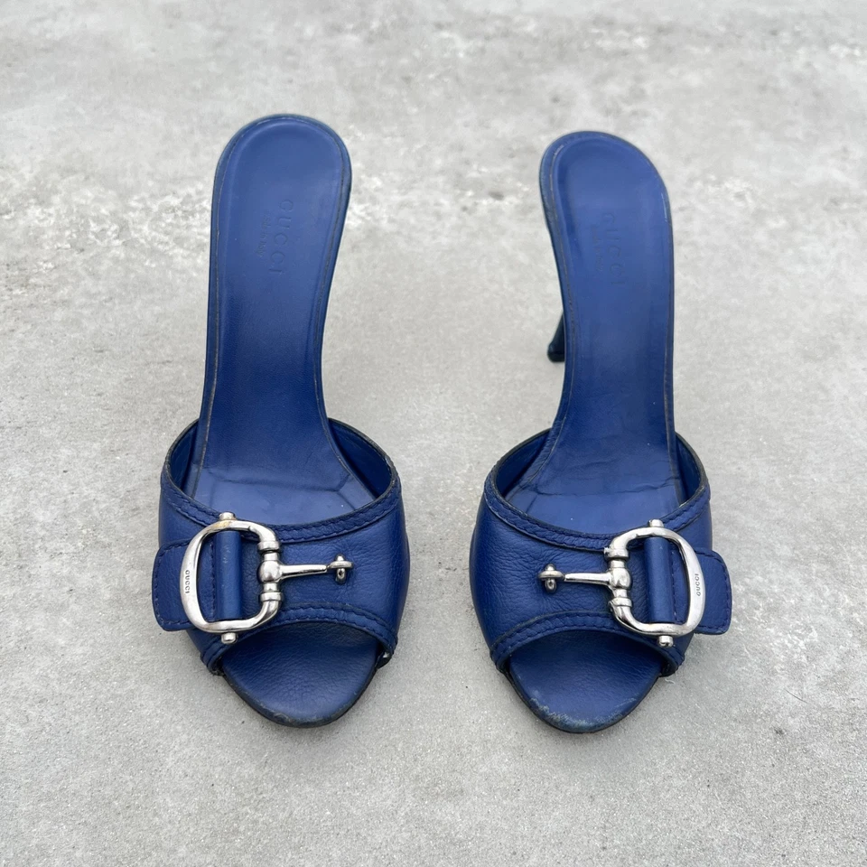 Gucci | Authentic Vintage Marine Blue Horse Bit Silver Hardware Mules (35.5) - Image 2 of 4