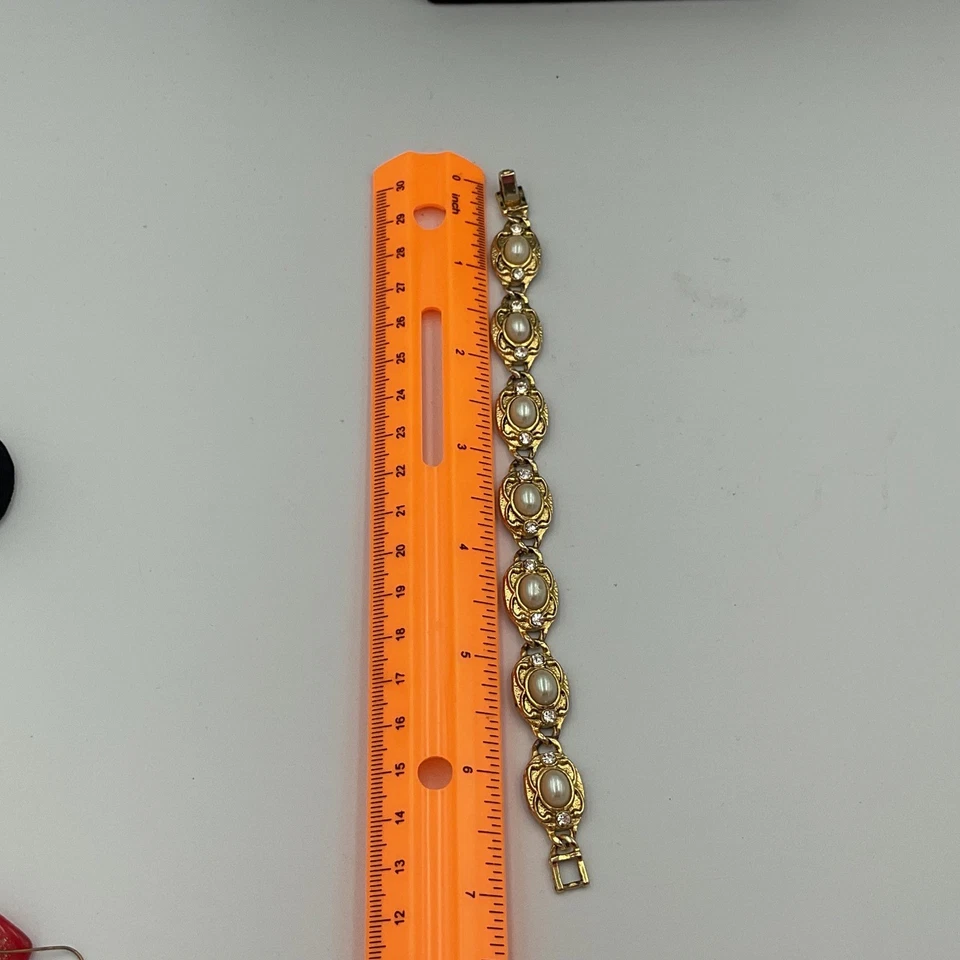 Золотой тон искусственного жемчуга со стразами овальный браслет из звеньев 7 дюймов - Изображение 4 из 4