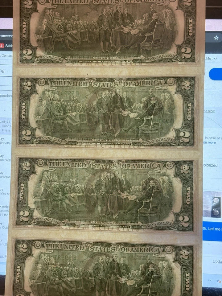 1976 $2 Bill (two dollar) Uncirculated Uncut Sheet Of 4 Bills (Bicentennial) - Image 2 of 4