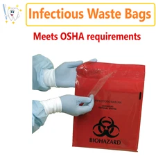 Red Infectious Waste Bags BIO HAZARD WASTE BAG STICK ON Surface, 9" x 10" -50/Pk