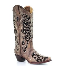 Corral Ladies Brown Floral Embroidery  Black Sequin Inlay Boots A3569