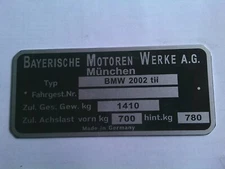Nameplate BMW 2002 tii 1410 kg plate plate ID tag E10 year of manufacture