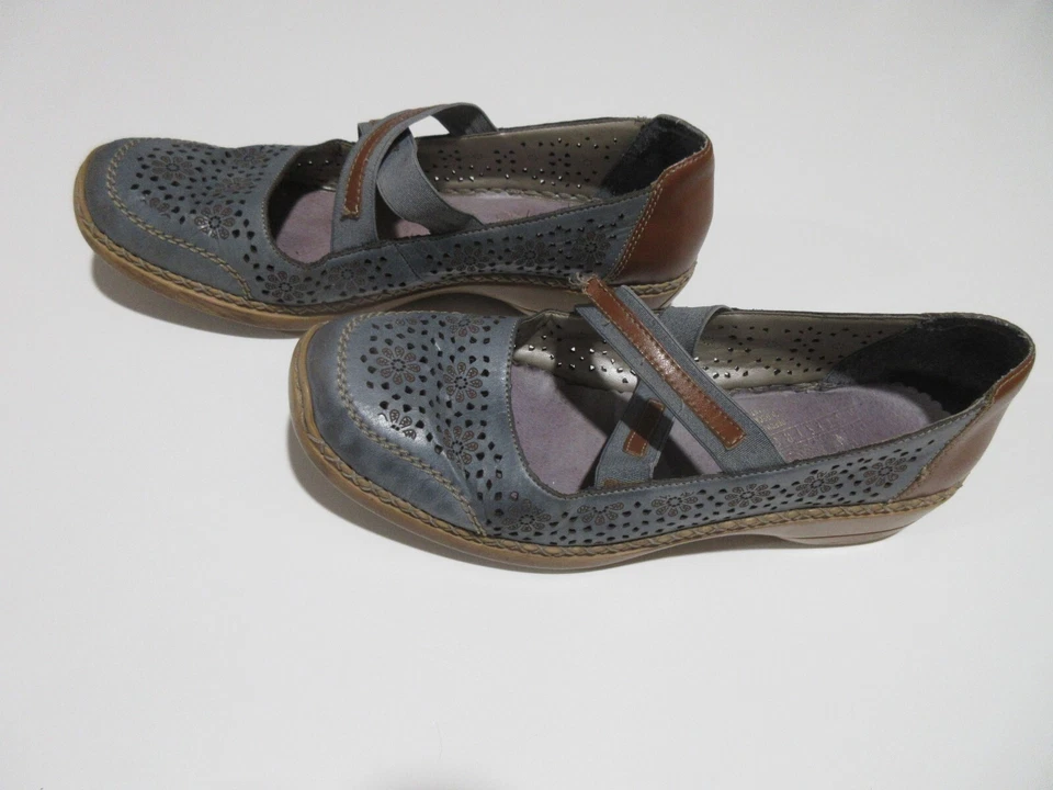 Talla EU 41 US 9.5 10 Rieker Mujer Zapatos Gris Marrón Recortes Mary Jane Mocasín Plano Foto 2 de 4