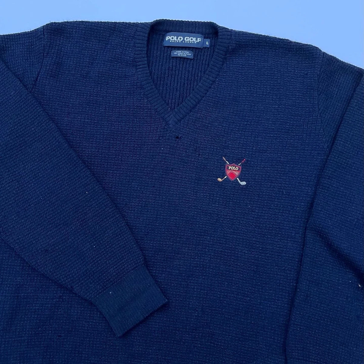 POLO GOLF Ralph Lauren V-Neck Sweater Navy Size Large L Crest 100% Baby Alpaca
