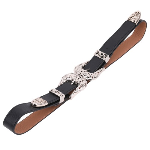 Estilo Vintage Plateado Doble Hebilla Piel Sintética Negro Cinturón Retro Cowboy - Imagen 6 de 7