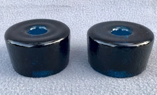 2 Blenko Turquoise Blue Glass Puck Taper Candlestick Holders