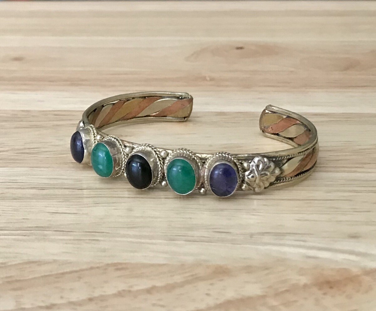 Tibetan Green Bloodstone Amethyst Copper Cuff Bracelet