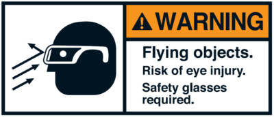 Warnaufkleber ''WARNING Flying objects. Risk of eye inj..'' 35x80/45x100/70x160mm