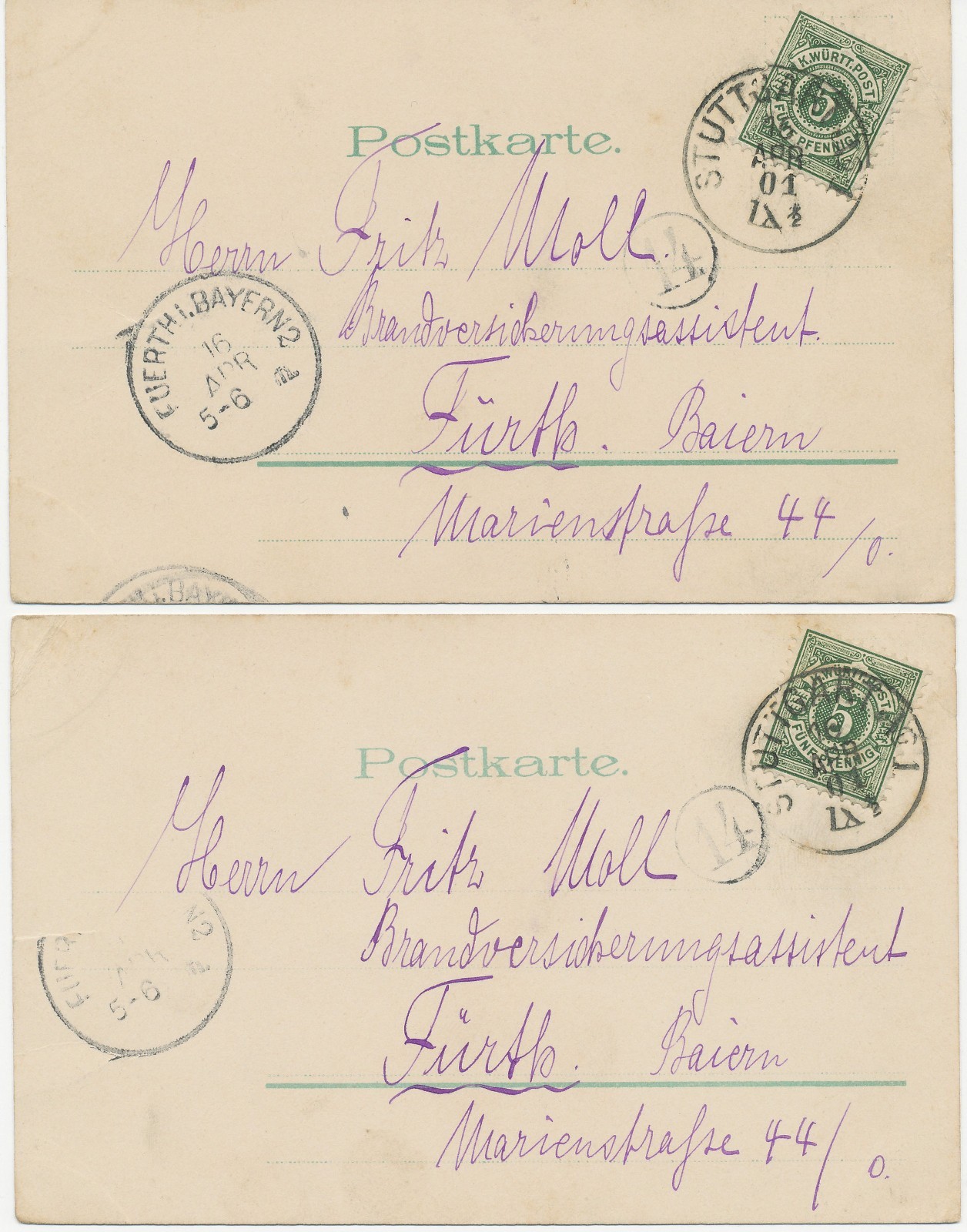 BAVARIA STAMP ERROR "FUERTH i. BAVARIA 2 - 16 APR" (FÜRTH) K1 WITHOUT YEAR