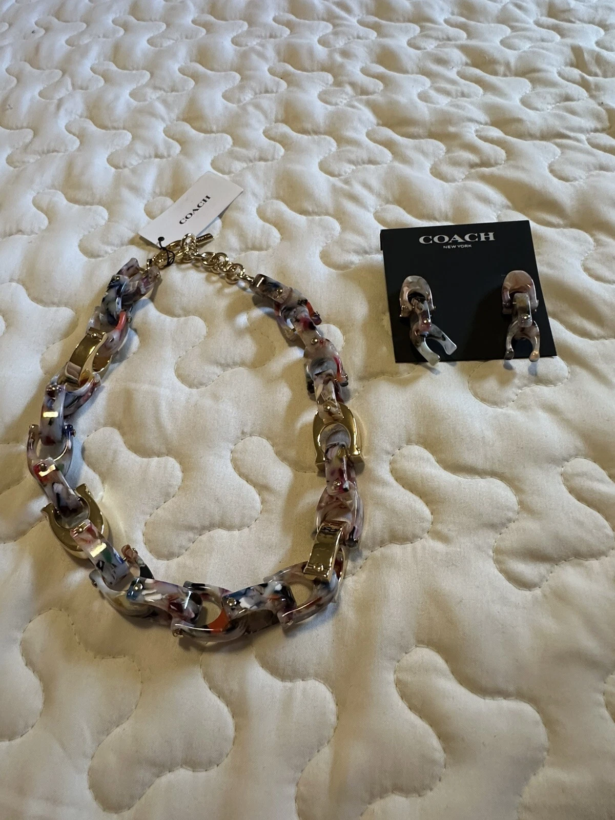 Collana e orecchini grossi COACH Signature C Link resina tono oro multicolore