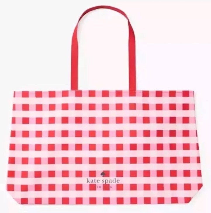 New Kate Spade Gingham Tote XL Reusable Shopping Beach Bag Pink