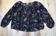 Boutique Sheer Black Paisley Floral Blouse Womens 1X Lace Panel Whimsigoth Boho
