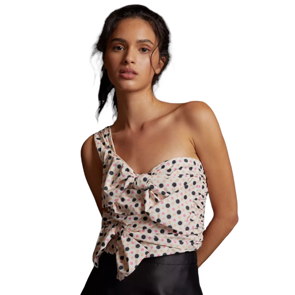 Anthropologie Maeve Pink Polka Dot Bow Tie One Shoulder Tank Blouse Top Size 12