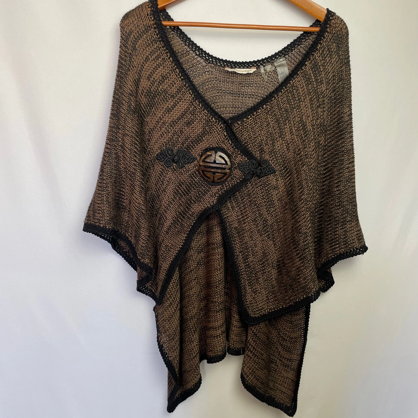Soft Surroundings Womens ‘Mei Ling’ Knit Poncho Sweater Size L Brown Boho Chic