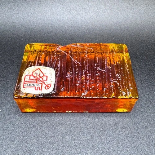 Vintage Blenko Amber Textured Glass Block Paperweight 1960s Sticker USA made