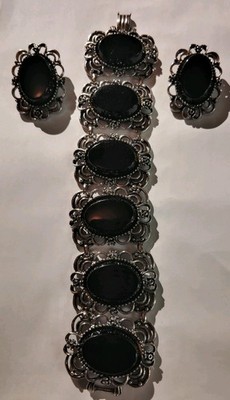 Vintage Emmons Silvertone/Black Stones Bracelet/Earrings Set