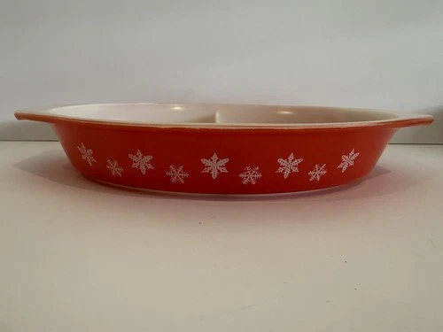 Vintage Pyrex Coral Red Snowflake Divided Baking/casserole Dish