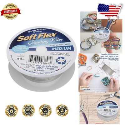 49 Strand Beading Wire 0.019'' Satin Silver 100ft - Soft, Strong, Anti-Kink