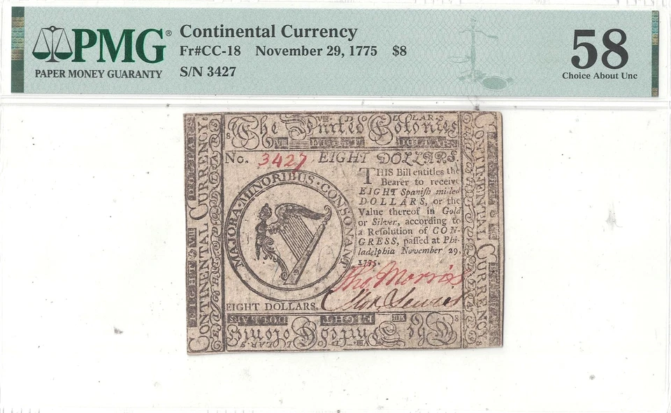 11/29/1775 Eight Dollars Continental Currency Fr CC-18 PMG AU-58 - Image 2 of 3