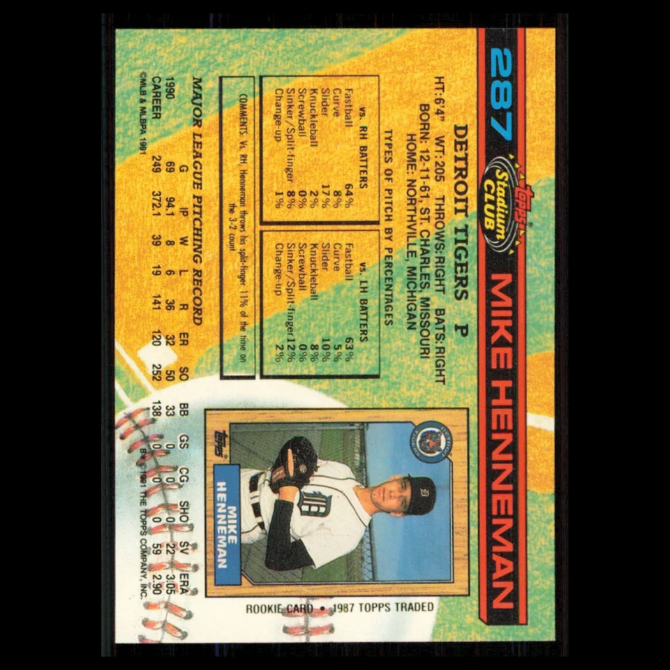 Mike Henneman #287 1991 Topps Stadium Club Detroit Tigers Baseball Card MLB NM - Image 2 of 3