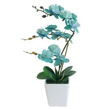 15 Inches Tall Artificial Silk Phalaenopsis Orchid Flower Plant Pot Teal Arra...