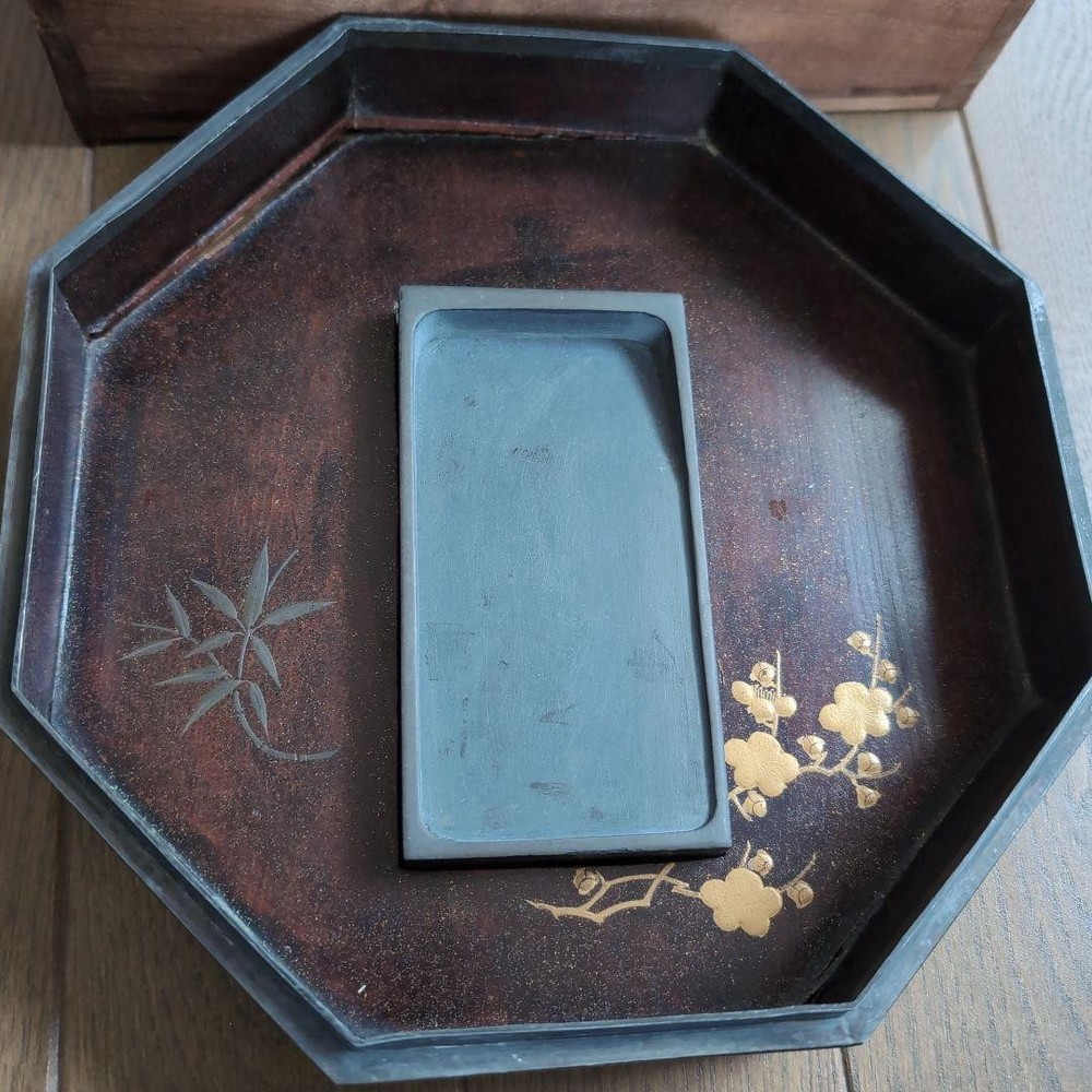 Jubako Bento Box Japanese Octagonal inkstone box with makie pear finish lacquer