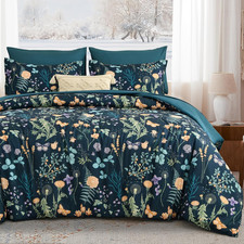 King Size Comforter Set 7 Pieces, Peacock Blue Botanical Floral Winter Comforter