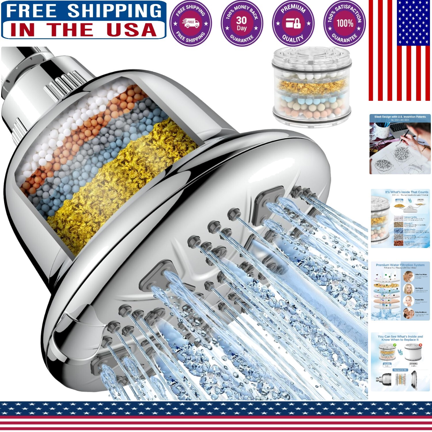 Premium Chrome Filtered Shower Head with 7 Settings - High Pressure Performance
